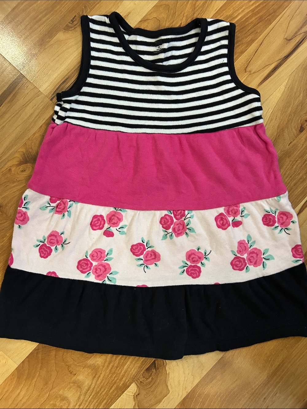 Girls Striped & Floral Tiered Dress - Pink, Black & White 3 T